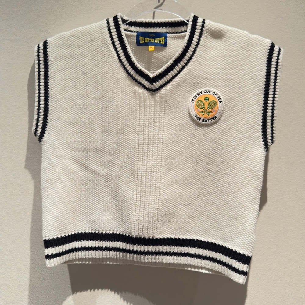 I Love J x The Better Butter White Knit Vest with Black Detail and Patch S-2XL